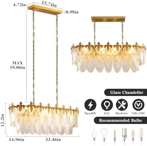 KELUOLY Rectangular Crystal Glass Dining Room Chandelier, 8 Light Gold Chandeliers Lighting Fixture, L33.5'' Height Adjustable Oval Ceiling Pendant Light for Office Coffee Over Table Kitchen Island - Image 3