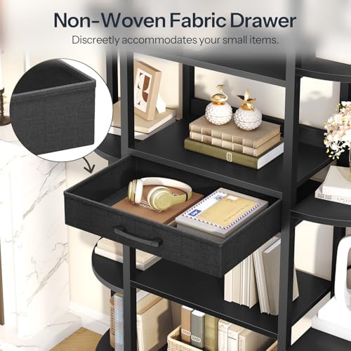 HOOBRO Triple Column 5 Tier Book Shelf, Industrial Bookcase with 12 Open Display Shelves and Fabric Drawer, Wide Bookshelf for Home Office, Living Room, Easy Assembly, Black BB161SJ01 - Image 4