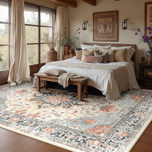 RELEANY Washable Area Rug, 7'x9', Beige/Blue/Orange - Image 3