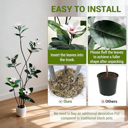 7FT Tall Lifelike Artificial Magnolia Tree with 6 Pcs Magnolia Flowers in White Planter Pot, Rubber Tree Faux Plants Indoor Artificial Plants & Flowers for Home Office Living Room Decor - Image 3