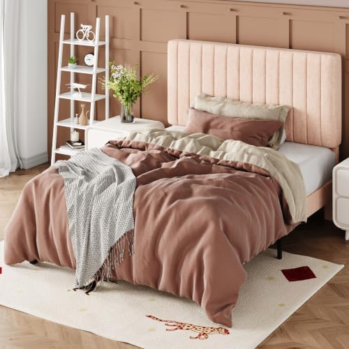 Allewie Twin Bed Frame, Upholstered Platform Bed with Adjustable Vertical Channel Tufted Headboard, Mattress Foundation with Strong Wooden Slats, Box Spring Optional, Easy Assembly, Chenille Pink - Image 4