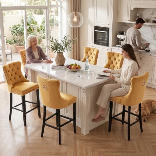 SoarFlash Modern Velvet Upholstered Bar Stools Set of 6 with Wood Legs, Button Tufted,Chrome Nailhead, Counterstool Seat, Armless Bar Chairs (Gold) - Image 3