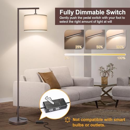 Fully Dimmable Floor Lamp Brown, Arc Floor Lamp for Bedroom with Adjustable Hanging Shade & Foot Switch, Modern Standing Lamp Corner Light Reading Lamp for Living Room, Office, LED Bulb Included - Image 2