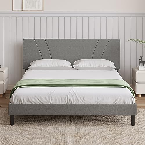Novilla Full Size Bed Frame No Box Spring Needed with Adjustable Headboard Upholstered Platform Bed with Strong Wooden Slats, Easy Assembly, Light Grey - Image 3