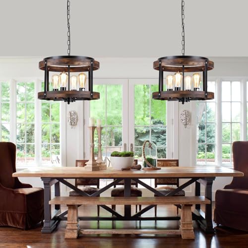 4-Light Large Rustic Farmhouse Plug in Pendant Light Fixture with Adjustable Chain, Dimmable Switch, 16.5 inch Oak Wood Drum Hanging Lamp for Dining Room Living Room Farmhouse Entry, Black - Image 2