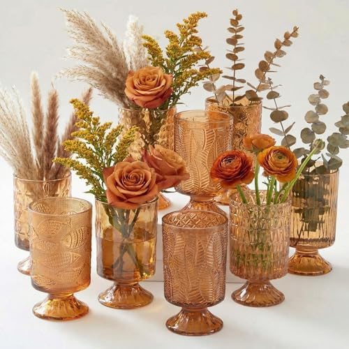 9 Pcs (H:7" W:4") Embossed Flower Amber Vase Pedestal Glass Vase by Unknown