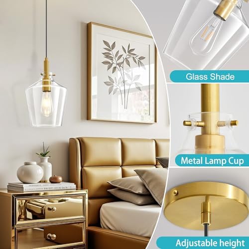 Glass Pendant Lighting for Kitchen Island Entryway 2 Pack Gold Clear 8 Inch - Image 6