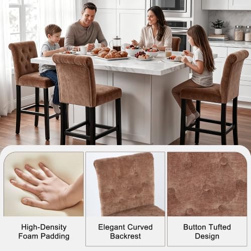 LSSBOUGHT Counter Height Barstools Fabric Upholstered Counter Stool with Rubber Wood Legs Bar Chair for Kitchen Island (Brown, Set of 2) - Image 5
