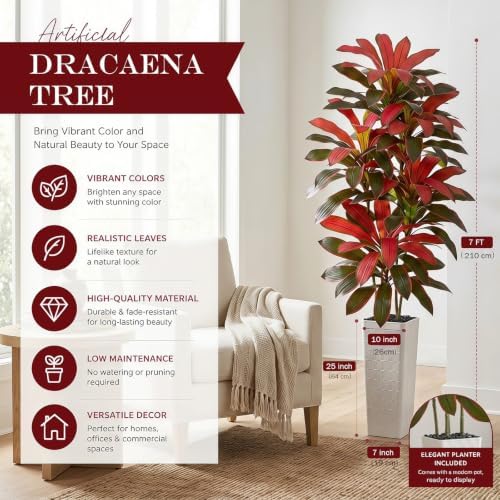 Artificial Red Dracaena Tree 7FT, Large Fake Plants Indoor - Image 2
