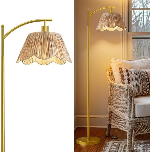 Oneach Arc Floor Lamp for Living Room,Rattan Boho Floor Lamp Decor with Hand-Woven Shade, Foot Switch,Gold Metal Base & Pole,Farmhouse Standing Lamp for Bedroom Corner,Reading by Oneach