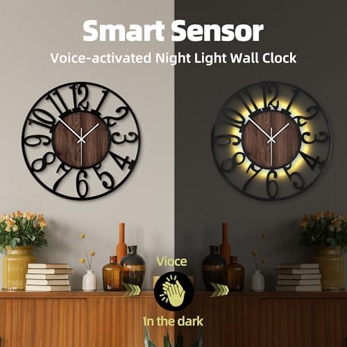 20 Inch Large Metal Wall Clock with Voice and Light Sensor Night Light, Glow in The Dark Non-Ticking Silent Battery Operated Decorative Oversized Wall Clock for Bedroom Living Room Decor - Image 3