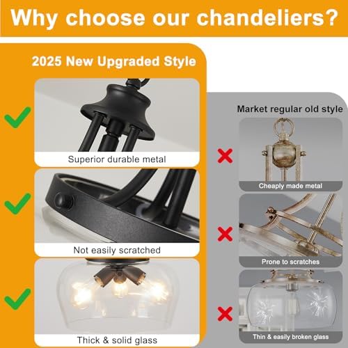 Modern Pendant Lights Kitchen Island, 3-Light Black Pendant Light Fixtures with 14.2" Clear Glass Shade, Industrial Hanging Pendant Lights Fixture for Kitchen Island Dining Room Entryway Foyer - Image 5