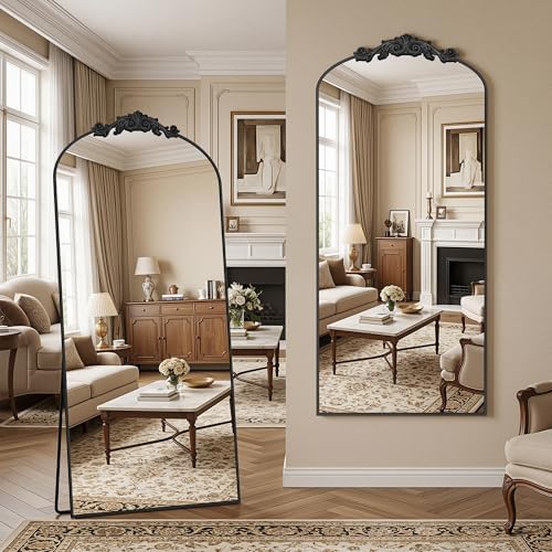 Vintage Full Length Mirror,71"x28" Arched Antique Floor Mirror with Carved Metal Frame,Large Standing Wall Mounted or Leaning Mirror for Bedroom Living Room Entryway,Black - Image 2