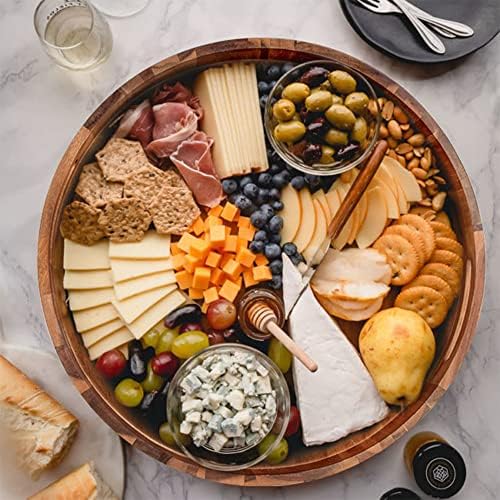 Round Wood Serving Trays Set of 2, Ottoman Tray Rustic Acacia Wooden Trays with Handles, Nesting Circle Tray with 4 Coasters for Coffee Table Living Room Bathroom Bedroom Party - Image 3