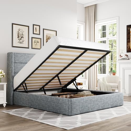 Allewie Full Size Lift Up Hydraulic Storage Bed Frame Blue Grey by Allewie