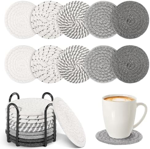 10-Pack Cotton Linen Coasters with Holder、Absorbent for Kitchen Dining Bar by Unknown