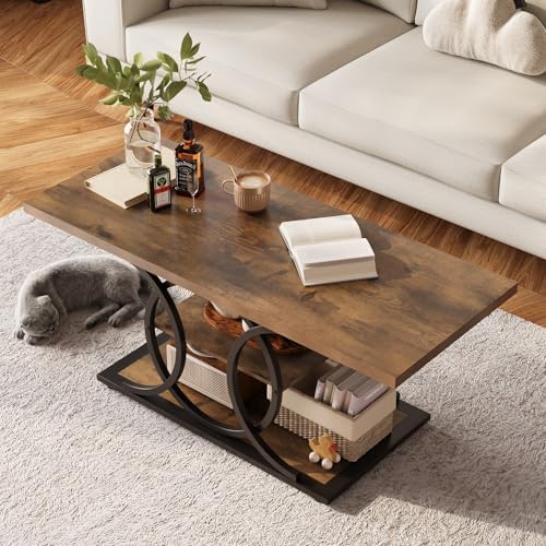 GiftGo Rustic Coffee Table with Storage Industrial 3 Tier Center Living Room Table Farmhouse Wooden Rectangle Cocktail Tea Table for Office Bedroom Elegant Full Moon Round Metal Frame (Brown, L-47) - Image 3