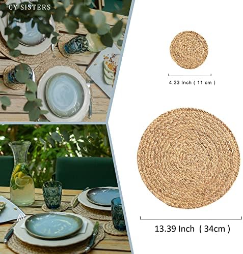Round Placemats Set of 8 with 8 Coasters Natural Water Hyacinth Woven Placemats Farmhouse Braided Place Mats Boho Straw Placemat Wipeable Wicker Outdoor Place Mats for Patio Table 13.4'' - Image 4