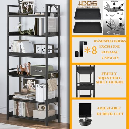 HCHQHS 6 Tier Bookshelf, Adjustable Industrial Bookcase, Vertical Tall Book Shelf, Wood and Black Metal Open Bookshelves for Home Office, Living Room, Bedroom, 70 Inch - Image 5