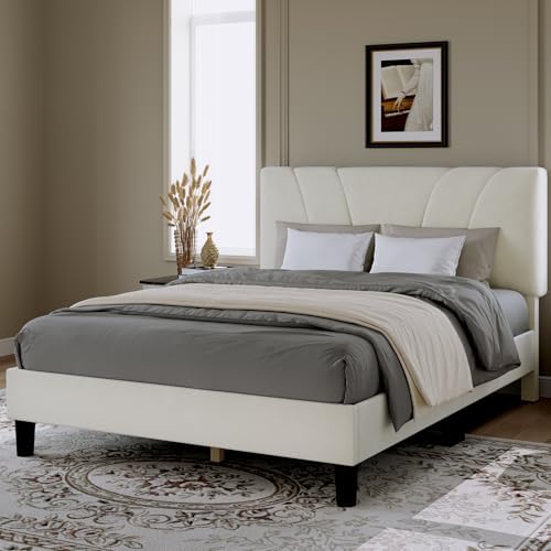 Novilla Queen Bed Frame, Queen Size Bed Frame with Wooden Slats Support, Velvet Upholstered Headboard, No Box Spring Needed, Heavy Duty Feet, Easy Assembly, White Velvet - Image 3