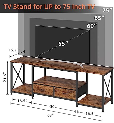 GYIIYUO TV Stand with Fabric Drawers for 65 70 75 Inches TV - Entertainment Center and Industrial TV Console Table with Open Storage Shelves for Living Room, Bedroom - 63" Rustic Brown - Image 2