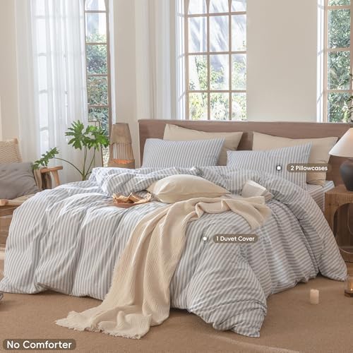 MooMee Striped Duvet Cover Set 100% Washed Cotton Linen Like Super Queen - Image 2