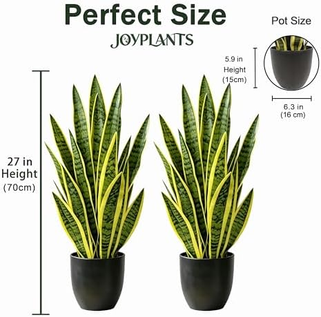 Artificial Snake Plant 2.3FT-2PCS, 27'' Sansevieria Plant with Black Pot, Low Maintenance Mother-in-Law's Tongue for Home Decor Indoor Outdoor, Desk Corner Office Hotel Garden(Yellow-2Pack) - Image 2