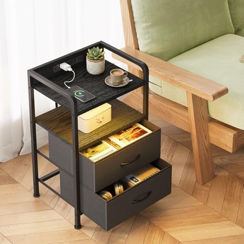 Fixwal Black Led Nightstand, Rear Charging Station, 2 Fabric Drawers - Image 2