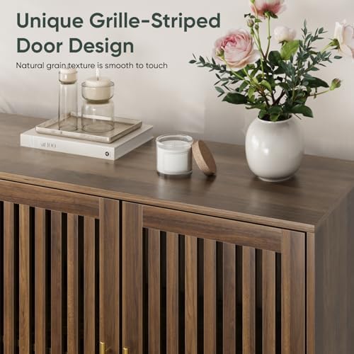 Smart FENDEE 63" Long Sideboard Buffet with 4 Slatted Doors, Farmhouse Buffet Storage Cabinet with Adjustable Shelf, Coffee Bar Cabinet for Entryway, Kitchen, Dining Room, Living Room, Walnut Color - Image 3