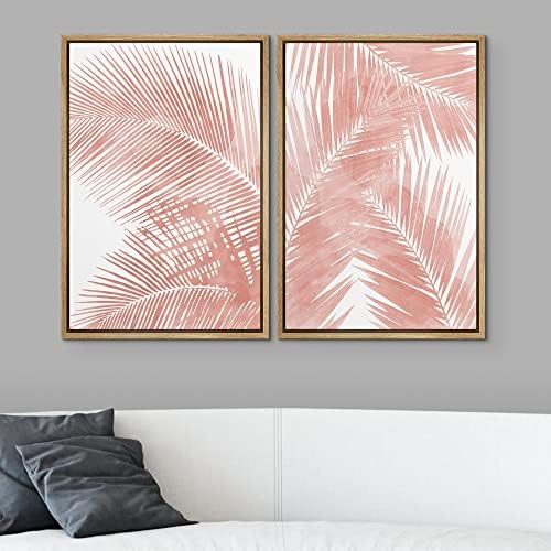 SIGNWIN Framed Canvas Print Wall Art Set Tropical Red Pastel Palm Leaf Plants Nature Wilderness Illustrations Modern Art Decorative Rustic Chic for Living Room, Bedroom, Office - 16"" x24 x2 Natural - Image 2