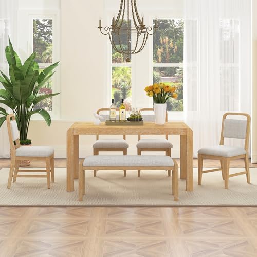 VilroCaz Vintage Extendable Dining Table Set for 4-6 with 4 Upholstered Chairs and 1 Bench, Rustic Wire Brushed Kitchen Table Set with Curved Design for Dining Room and Kitchen (Natural-1.9N) by VilroCaz