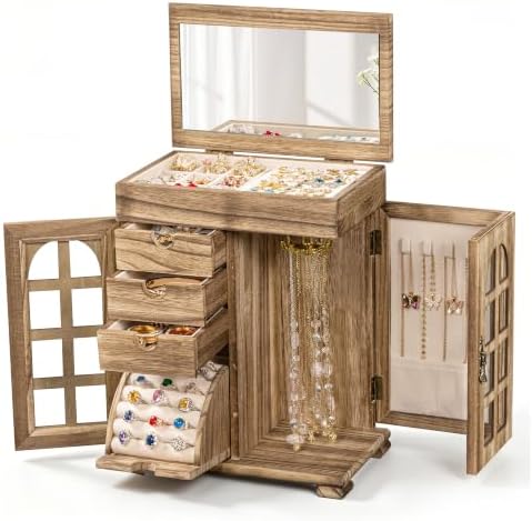 Honiway Jewelry Boxes for Women, 5 Layer Wooden Jewelry Box with Drawer & Mirror, Rustic Jewelry Organizer for Necklace Bracelet Ring Earring, Farmhouse Decor for Bedroom Dresser (Rustic Brown) by Honiway