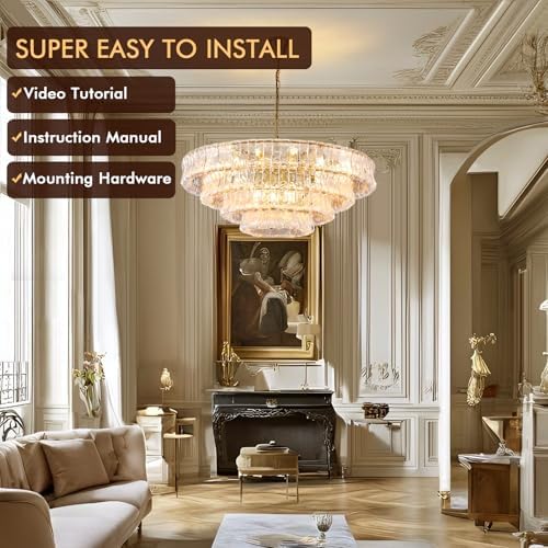 35in Large Chandelier Gold, Modern Dining Room Light Fixtures, 4 Layer Luxury Glass Chandelier 18 Light Chandeliers for Dining Room Kitchen Island Living Room (Clear Glass) - Image 2