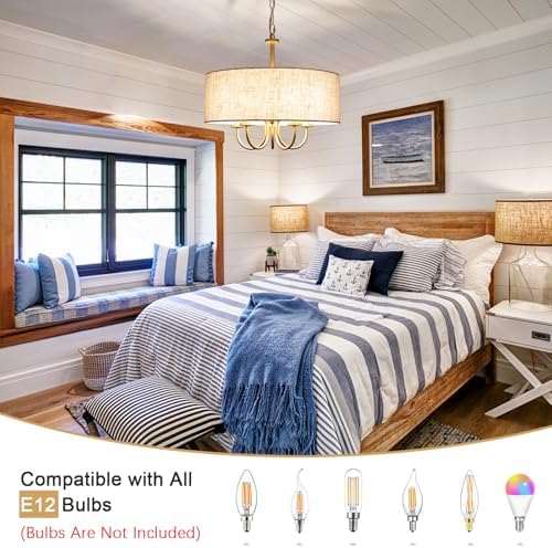 5 Lights Drum Chandelier Gold Farmhouse Chandelier with Shades 19" Large Pendant Light Fixtures Hanging Brass Round Chandeliers for Bedroom Dining Room Over Table Living Room Foyer Kitchen Island - Image 6