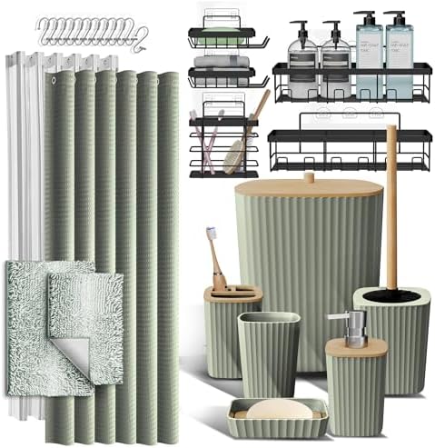 Clara Clark Bathroom Accessories Set - 27PC Bathroom Set with Adhesive Corner Shower Caddy Hanging, Bathroom Sets with Shower Curtain and Rugs, Ombre Sage Green Shower Curtain Set with Trash Can by ClaraClark