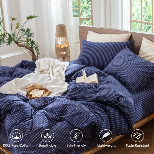 MooMee Striped Duvet Cover Set 100% Washed Cotton Linen Like King - Image 3