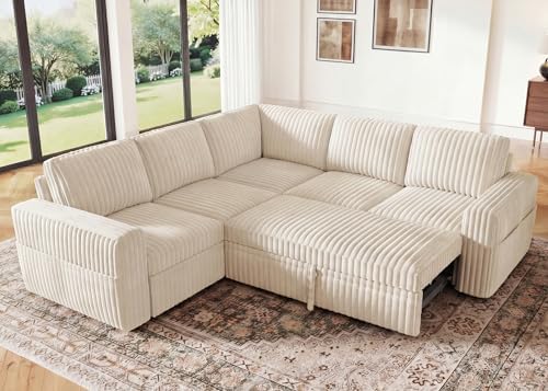 HONBAY Modular Sectional Sleeper Sofa with Pull Out Bed,Corduroy L Shaped Couch with Storage, Sectional Couches for Living Room,Beige by HONBAY