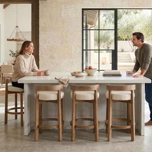 LukeAlon Mid Century Linen Counter Stools Set of 3, Upholstered 26.5" Seat Height Low Barstools with Natural Wood Legs Round Low Back Kitchen Stools with Footrest for Dining Room, Beige - Image 6