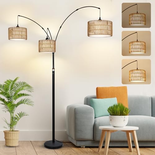Black Arc Floor Lamps for Living Room, Farmhouse Boho Floor Lamp for Bedroom, Industrial Standing Lamp for Office, Dimmable Tall Lamp with Rattan Lampshades, Reading Arched Light by Airposta