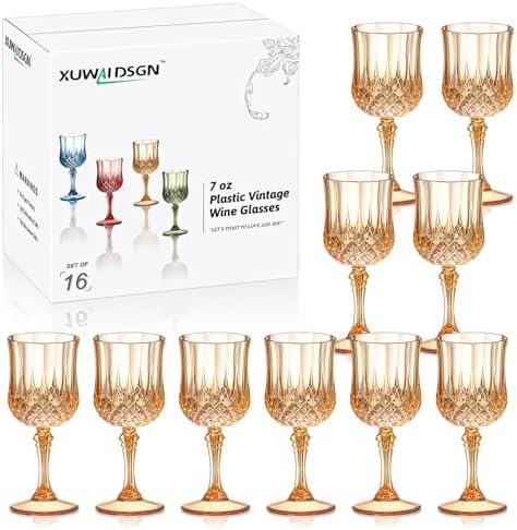 XUWAIDSGN 16 Pcs 7oz Plastic Vintage Wine Glasses Drinking Glasses Unbreakable Wedding Glassware Crystal Water Goblets Reusable Drinkware Vintage Champagne Flutes (16, Amber) by XUWAIDSGN
