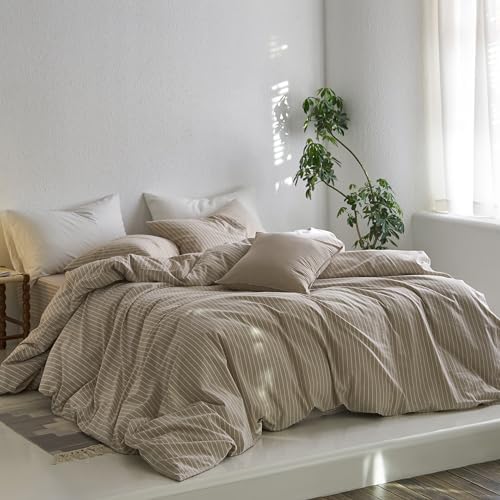 MooMee Striped Duvet Cover Set 100% Washed Cotton Linen Like Queen - Image 3