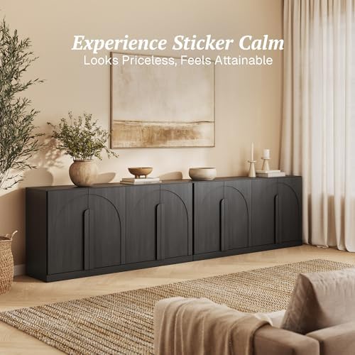 BELLEZE Set of 2 Bijou 64" Modern Buffet Sideboard, Mid-Century Arch Carved Wood Door Cabinet, Textured Storage Console for Living Room, Kitchen, Entryway - Ebony - Image 4