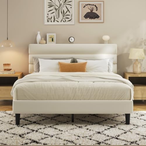 Fluest Full Bed Frame, Platform Bed Frame with Velvet Upholstered Headboard, No Box Spring Needed, Sturdy Metal Support, Noise Free, Easy Assembly, Modern Bedroom Furniture, Beige by Fluest
