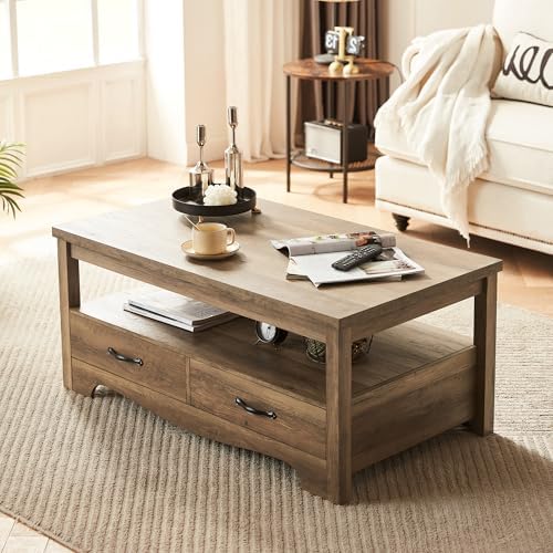 LINSY HOME Farmhouse Coffee Table with Storage, Wood Coffee Table for Living Room, Open Display Area and Storage Drawers with Metal Handles, Chic Style with Curved Base, Brown - Image 2
