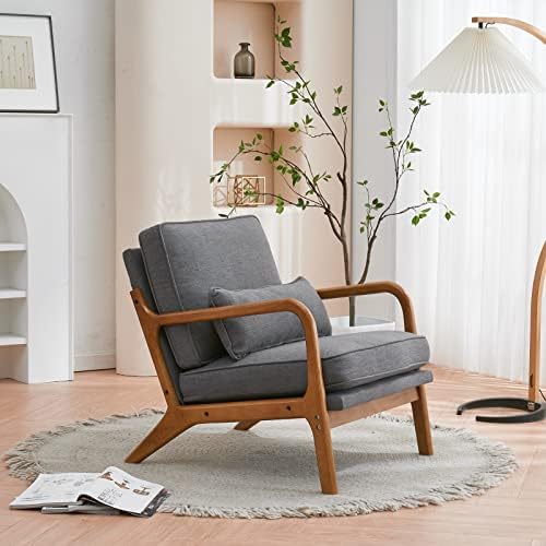 Bonnlo Linen Dark Grey Mid Century Modern Accent Chair, Soild Wood Padding Lounge Armchairs Side Sitting Chairs for Living Room, Bedroom, Guest Room - Image 6