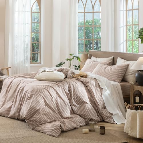 MooMee Striped Duvet Cover Set 100% Washed Cotton Linen Like Queen - Image 3
