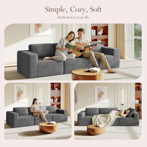Vesgantti 119" Modular Sectional Sofa, Corduroy Cloud Couch with Deep Seating & Spring Support, 3 Seater Flexible Layout Sofa, Boneless Couch for Living Room & Apartment, No Assembly Required, Grey - Image 3
