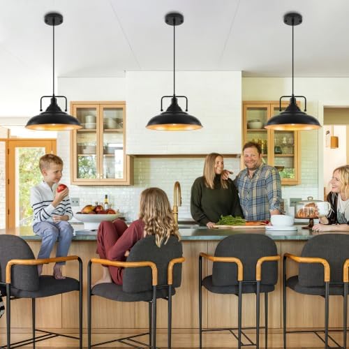Black Pendant Light, Large Black and Gold Pendant Light 15.7" 3 Packs, Farmhouse Pendant Light, Island Pendant Lights, Kitchen Pendant Lights, Pendant Lights for Kitchen, Living Room - Image 2