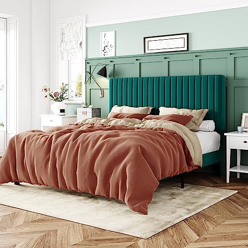 Allewie Full Bed Frame, Velvet Upholstered Platform Bed with Adjustable Vertical Channel Tufted Headboard, Mattress Foundation with Strong Wooden Slats, Box Spring Optional, Easy Assembly, Teal by Allewie