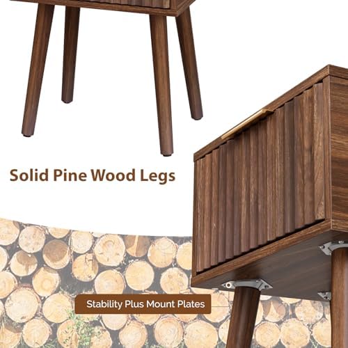 VINGLI Night Stand, Fluted Nightstand Wood, Mid Century Modern Nightstand for Bedroom, Bedside Table, Wood Side Table, Small Night Stand Walnut, 15.75" W*11.81" D*21.85" H - Image 6